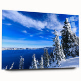 Acrylic print of Crater Lake, Oregon featuring deep blue tones, ideal for bedroom or dining room art.