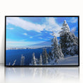 Large abstract wall art of Crater Lake in muted blue and green tones on a black framed acrylic.