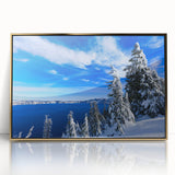 Framed acrylic print of Crater Lake, Oregon, with rich blue and green tones, in a mid-century modernist style.
