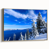 Framed canvas print of Crater Lake, Oregon, in vintage poster style with a gold frame, ideal for bedroom wall art.