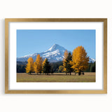 Extra large wall art featuring an abstract depiction of Mount Hood, Oregon in textured blues and grays, framed in gold.