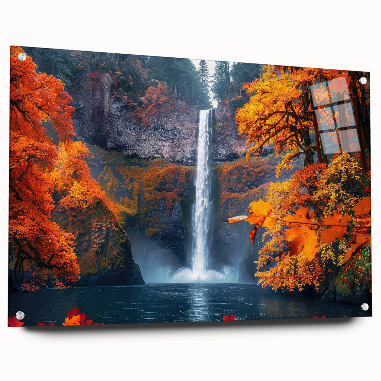 Acrylic print of Multnomah Falls in Oregon, featuring vivid green and blue tones, ideal for dining room decor.