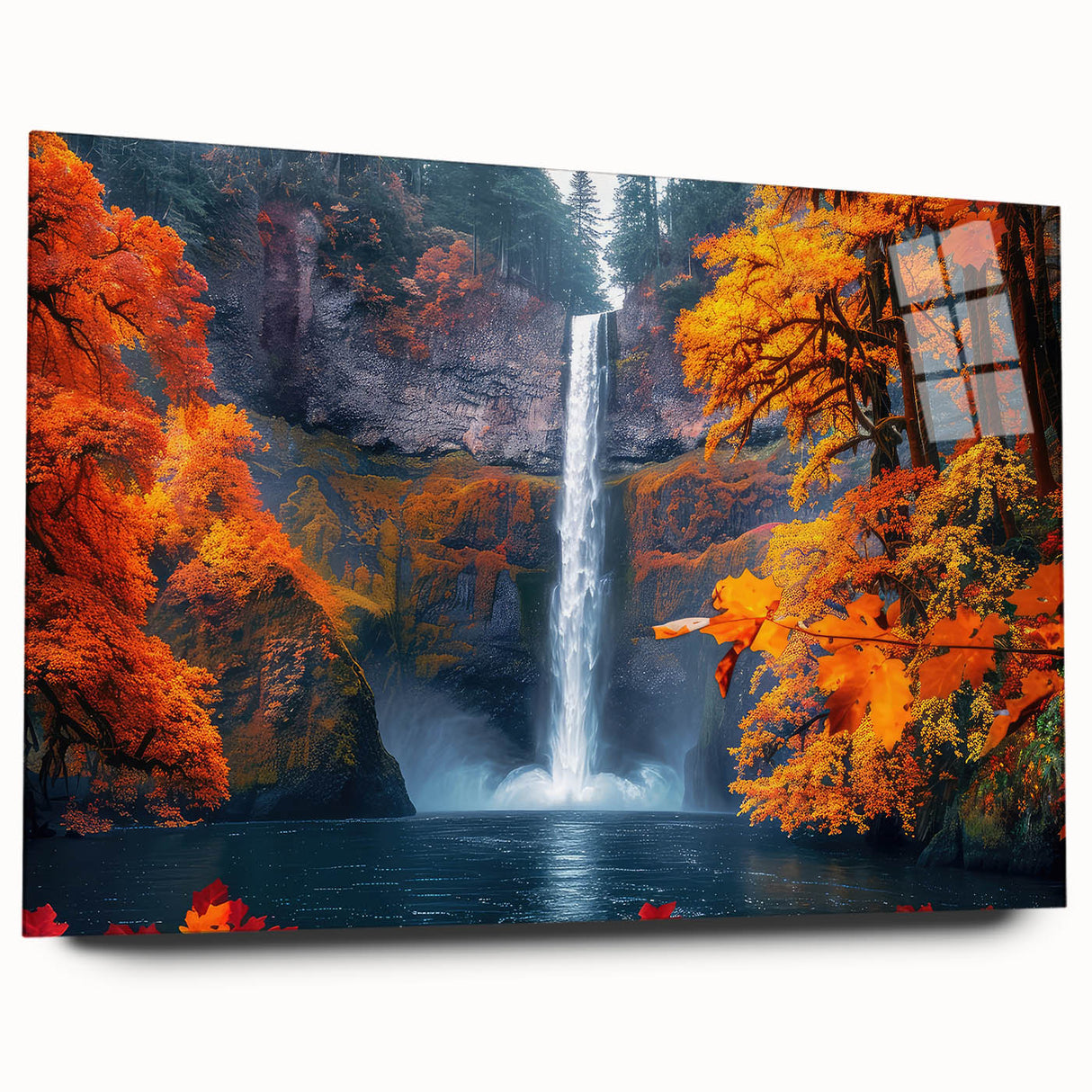 Acrylic print of Multnomah Falls in Oregon, featuring lush greenery and waterfall, ideal for bedroom or dining room art.