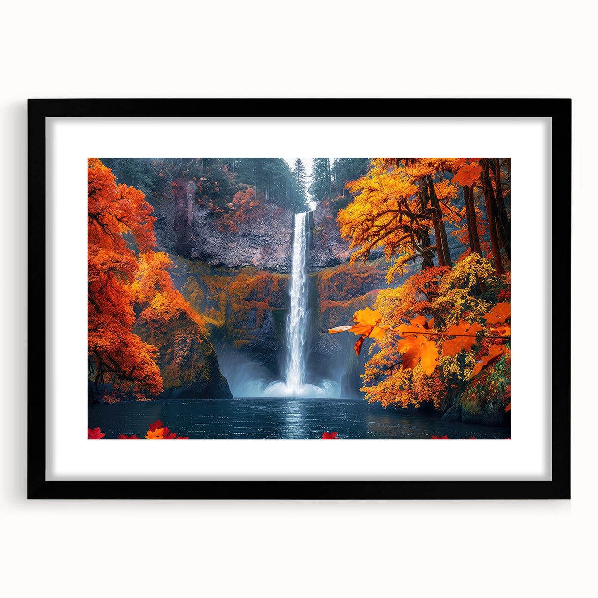 Extra large framed print of Multnomah Falls in vibrant greens and blues, textured abstract style.