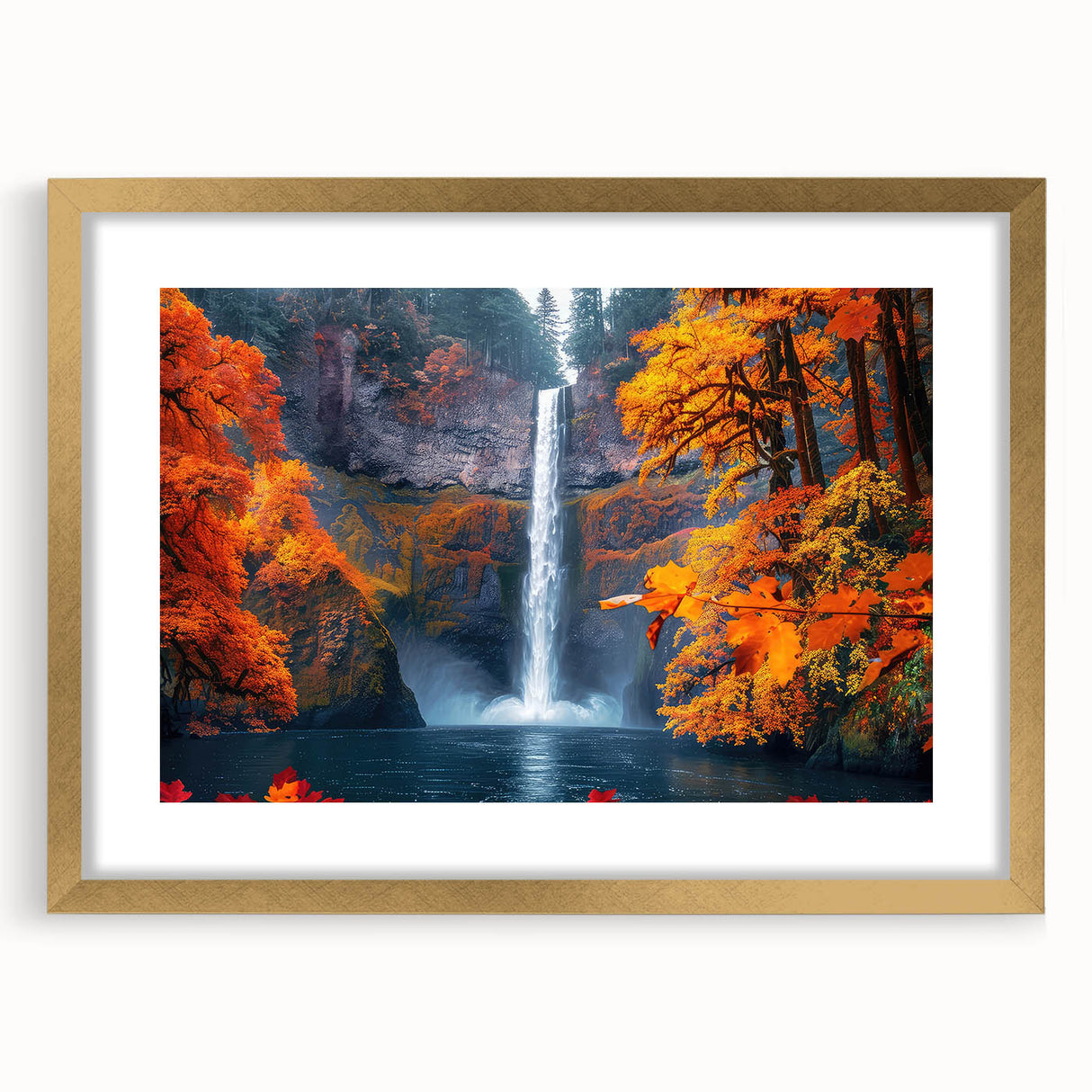 Extra large wall art featuring Multnomah Falls in Oregon, rendered in textured abstract style with a gold frame.