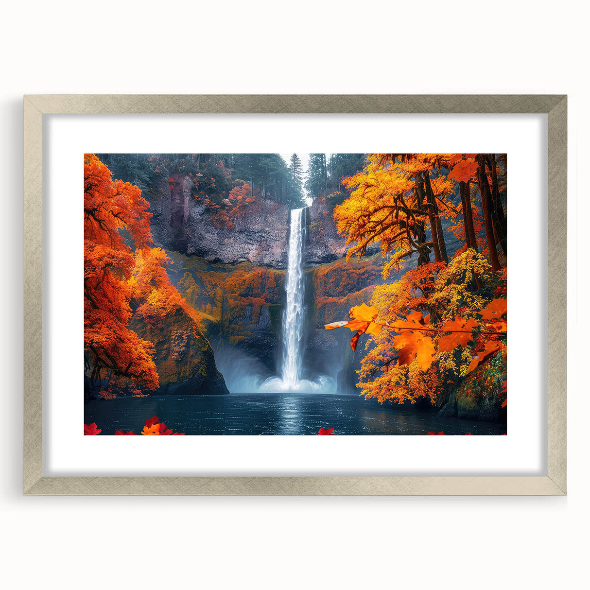 Textured art print of Multnomah Falls, Oregon, in muted green and blue tones on a framed silver mat.