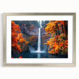 Textured art print of Multnomah Falls, Oregon, in muted green and blue tones on a framed silver mat.