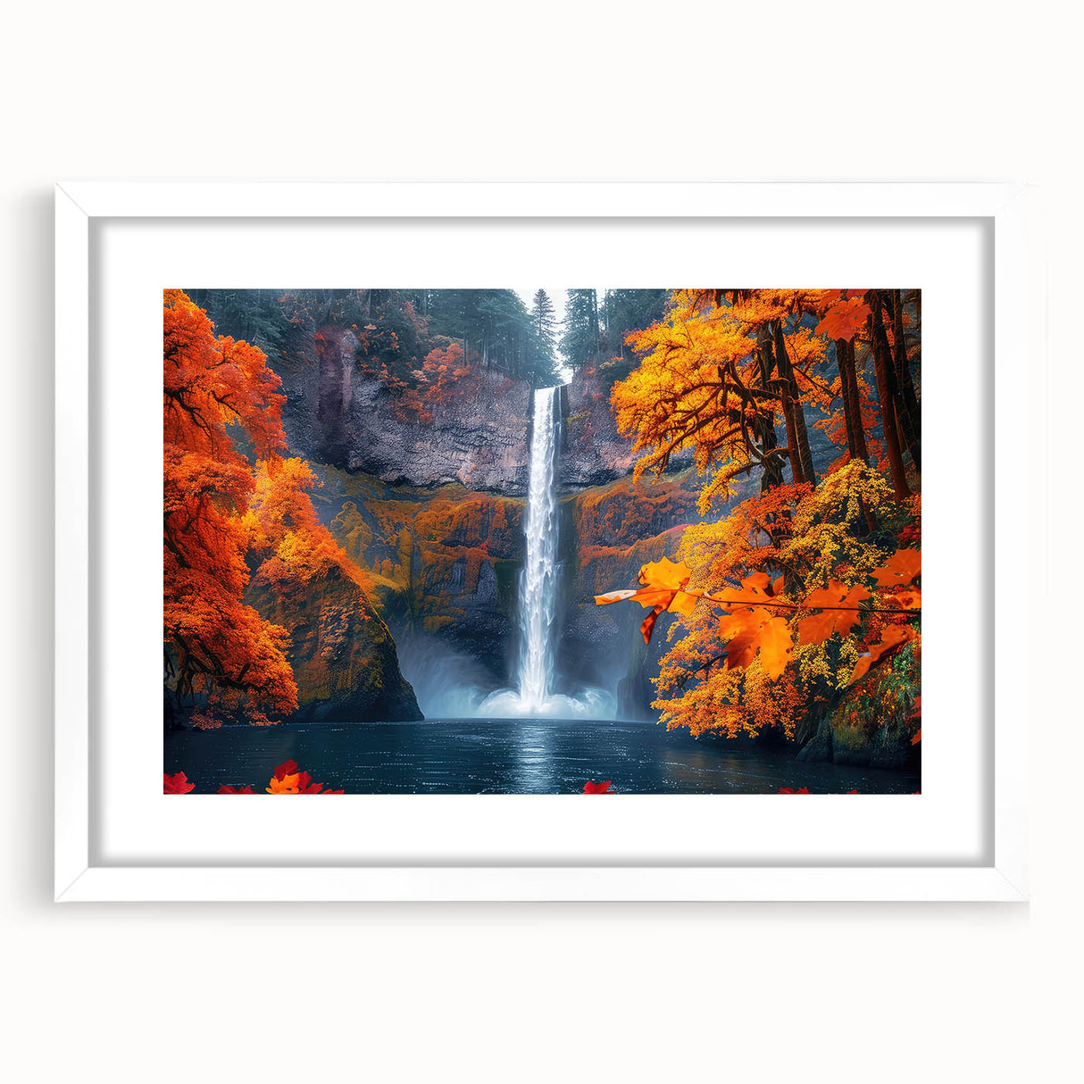 Abstract art print of Multnomah Falls in muted green and blue tones on a white framed canvas, suitable for dining room decor.