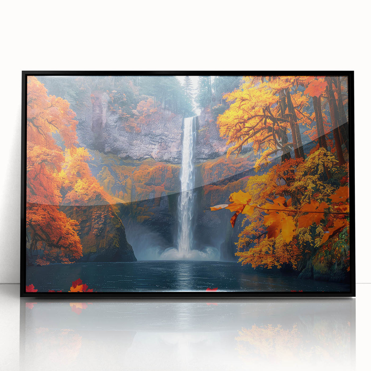 Large abstract wall art depicting Multnomah Falls in muted green and blue tones on a framed acrylic print.