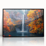 Large abstract wall art depicting Multnomah Falls in muted green and blue tones on a framed acrylic print.