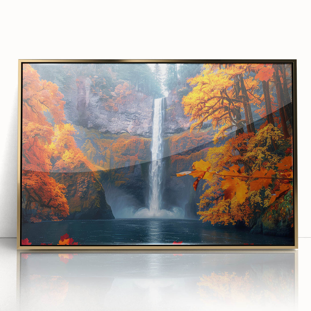 Mid-century modernist acrylic print of Multnomah Falls in Oregon, featuring cool green and gray tones.