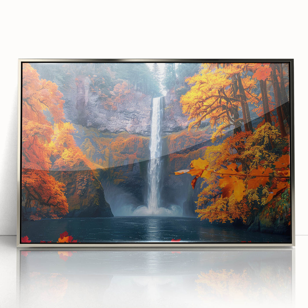 Mid-century modernist art of Multnomah Falls in Oregon, depicted in vibrant green and blue tones on a framed acrylic print.