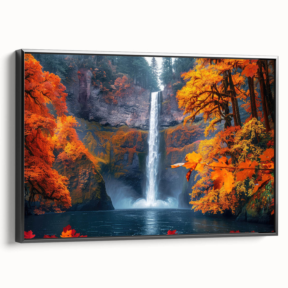 Black and white framed canvas of Multnomah Falls in Oregon, ideal for bedroom landscape art.