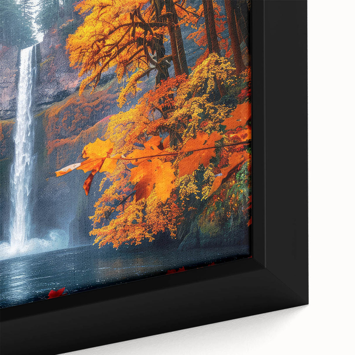 Extra large framed canvas featuring a close-up of Multnomah Falls in Oregon with vibrant green and black tones.