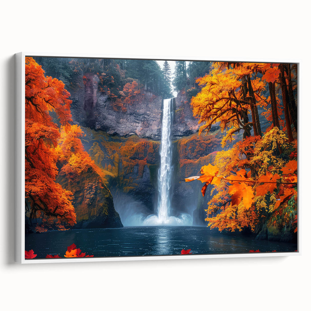 Vintage poster art of Multnomah Falls in Oregon, featuring vibrant greens and whites, framed canvas.
