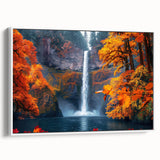 Vintage poster art of Multnomah Falls in Oregon, featuring vibrant greens and whites, framed canvas.