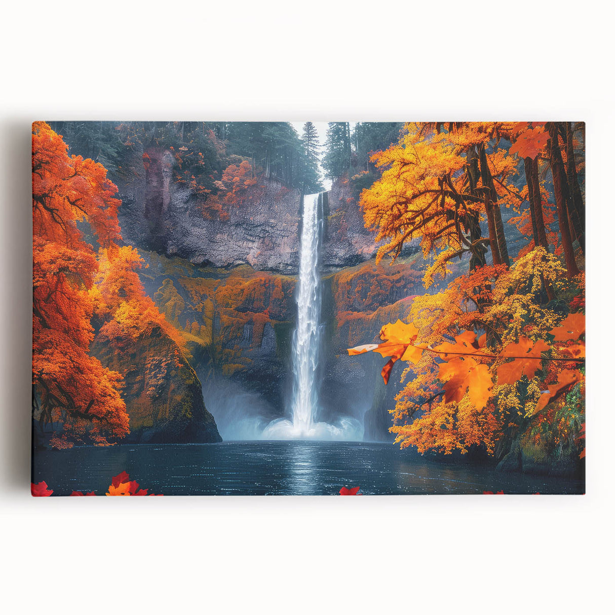 Black and white image of Multnomah Falls in Oregon on stretched canvas, ideal for kitchen wall art.