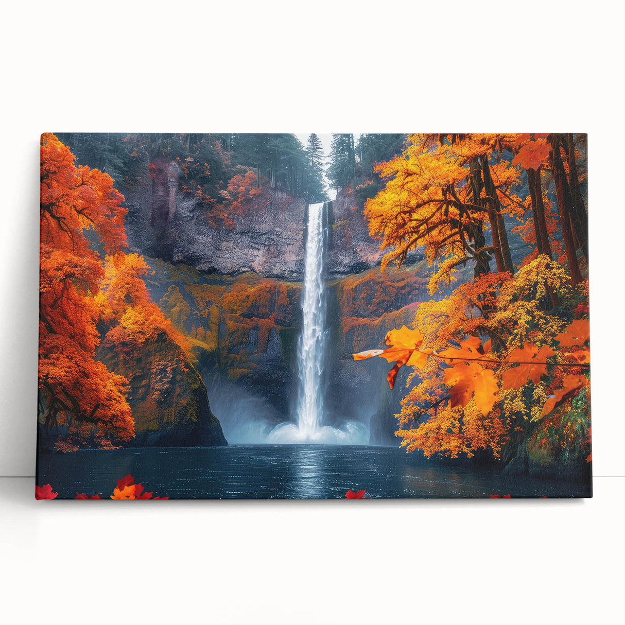 Black and white photo of Multnomah Falls on stretched canvas, ideal for kitchen wall art or bedroom decor.