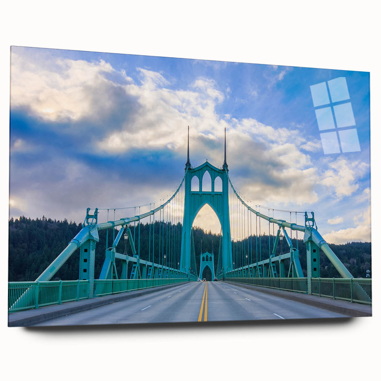 Large abstract depiction of Portland, Oregon in muted greens and blues on acrylic glass.
