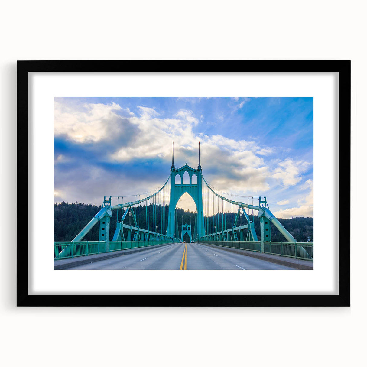Extra large abstract art print of Portland, Oregon, with vibrant, textured colors on a black framed canvas.