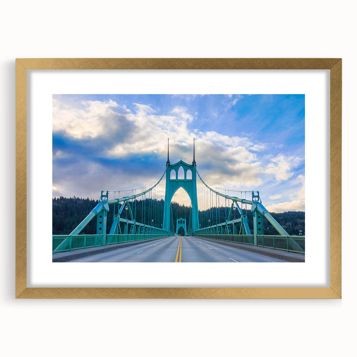Extra large textured abstract art print of Portland, Oregon, in gold frame with mat, featuring muted earth tones.