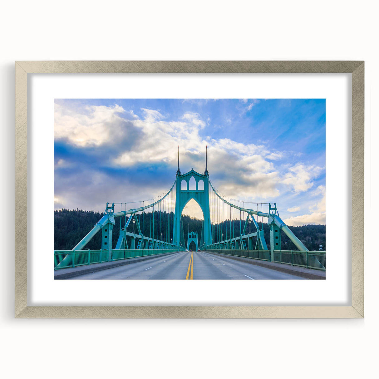 Textured art print of abstract Portland scenery in muted green and gray, framed in silver, ideal for bedroom art.
