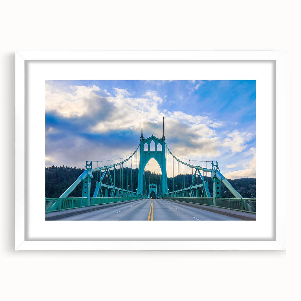 Abstract art print of Portland skyline in muted blue and green tones on a white framed canvas, ideal for dining room decor.