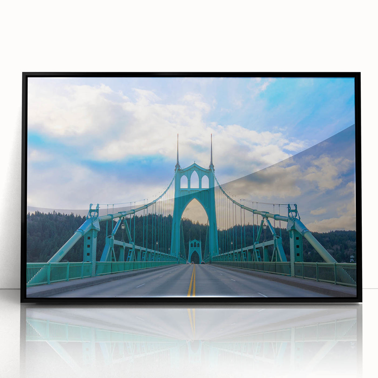 Large abstract wall art depicting Portland, Oregon in muted gray and blue tones on a framed acrylic.