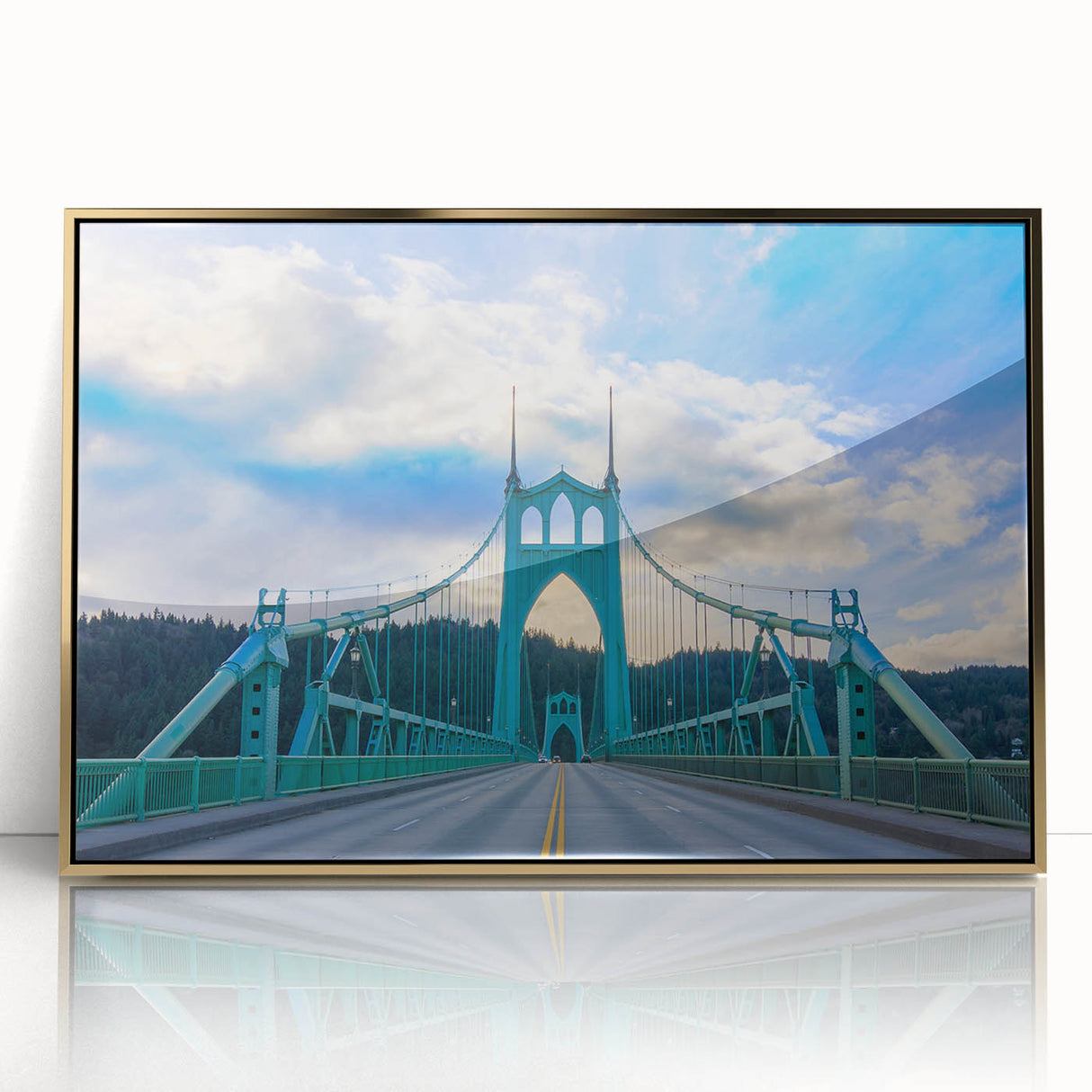 Large art print of Portland, Oregon skyline in gold and black hues on framed acrylic, in a mid-century modernist style.