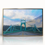 Large art print of Portland, Oregon skyline in gold and black hues on framed acrylic, in a mid-century modernist style.