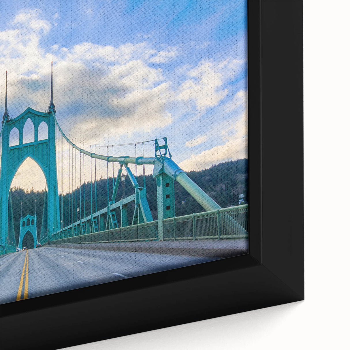Extra large framed canvas of a textured, colorful Portland, Oregon skyline on a black background.