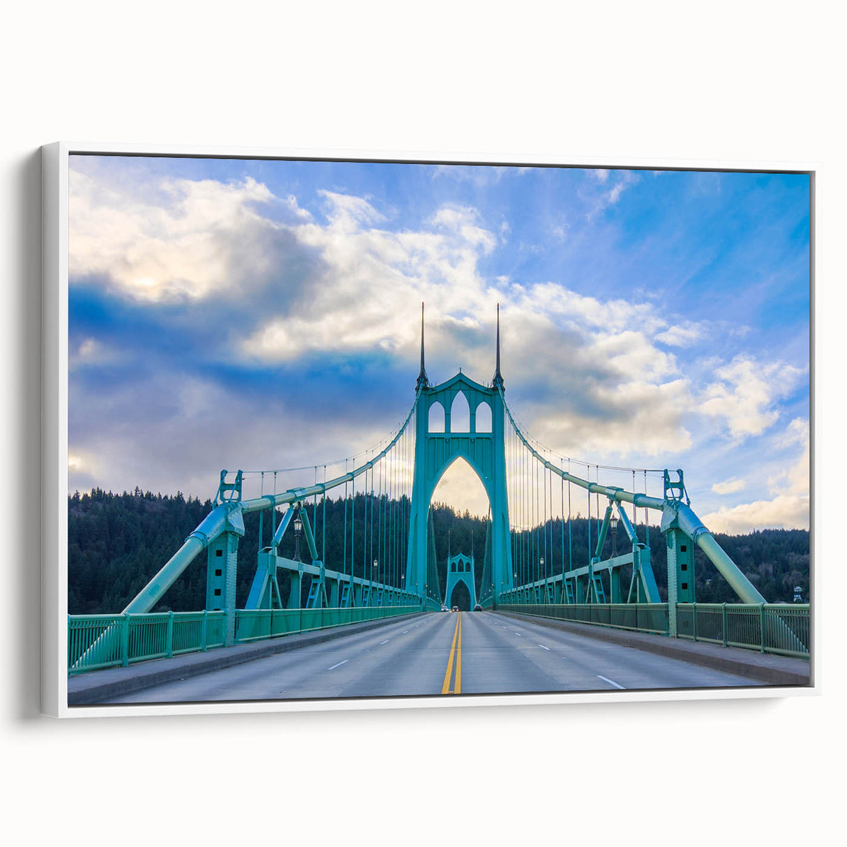 Vintage poster art of Portland, Oregon, on extra large framed canvas, featuring colorful artwork against a black background.