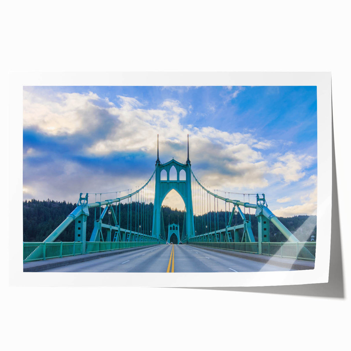 Extra large rolled print of Portland, Oregon scenery with lush floral elements in muted green and brown tones.