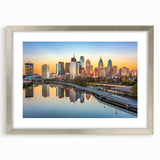 Textured abstract art print of Philadelphia skyline in muted gray tones on a framed canvas, suitable for bedroom decor.
