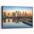 Black and white framed canvas of Philadelphia skyline, featuring vintage poster art style, suitable for bedroom wall decor.