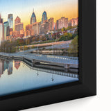 Textured black wall art featuring a colorful Philadelphia skyline on a framed canvas, ideal for large living room decor.