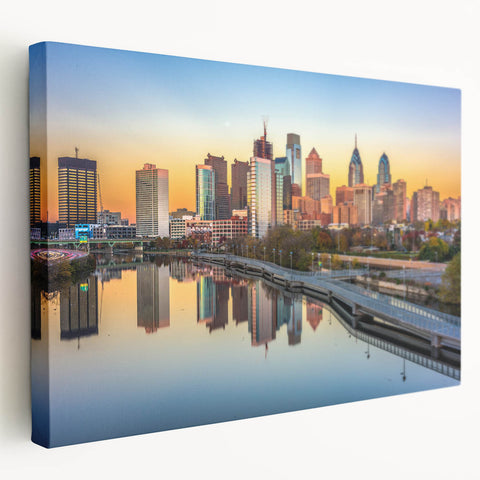 Large art depicting the Philadelphia skyline in muted blue tones on stretched canvas, ideal for kitchen wall art.