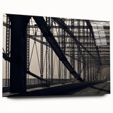 Large abstract wall art depicting the Pittsburgh skyline in muted blue and gray tones on acrylic glass.