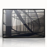 Large abstract wall art depicting the Pittsburgh skyline in muted gray and blue tones on a framed acrylic.