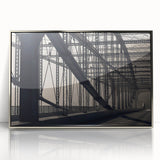 Mid-century modernist art of Pittsburgh skyline in muted colors on a framed acrylic, ideal for modern art wall decor.
