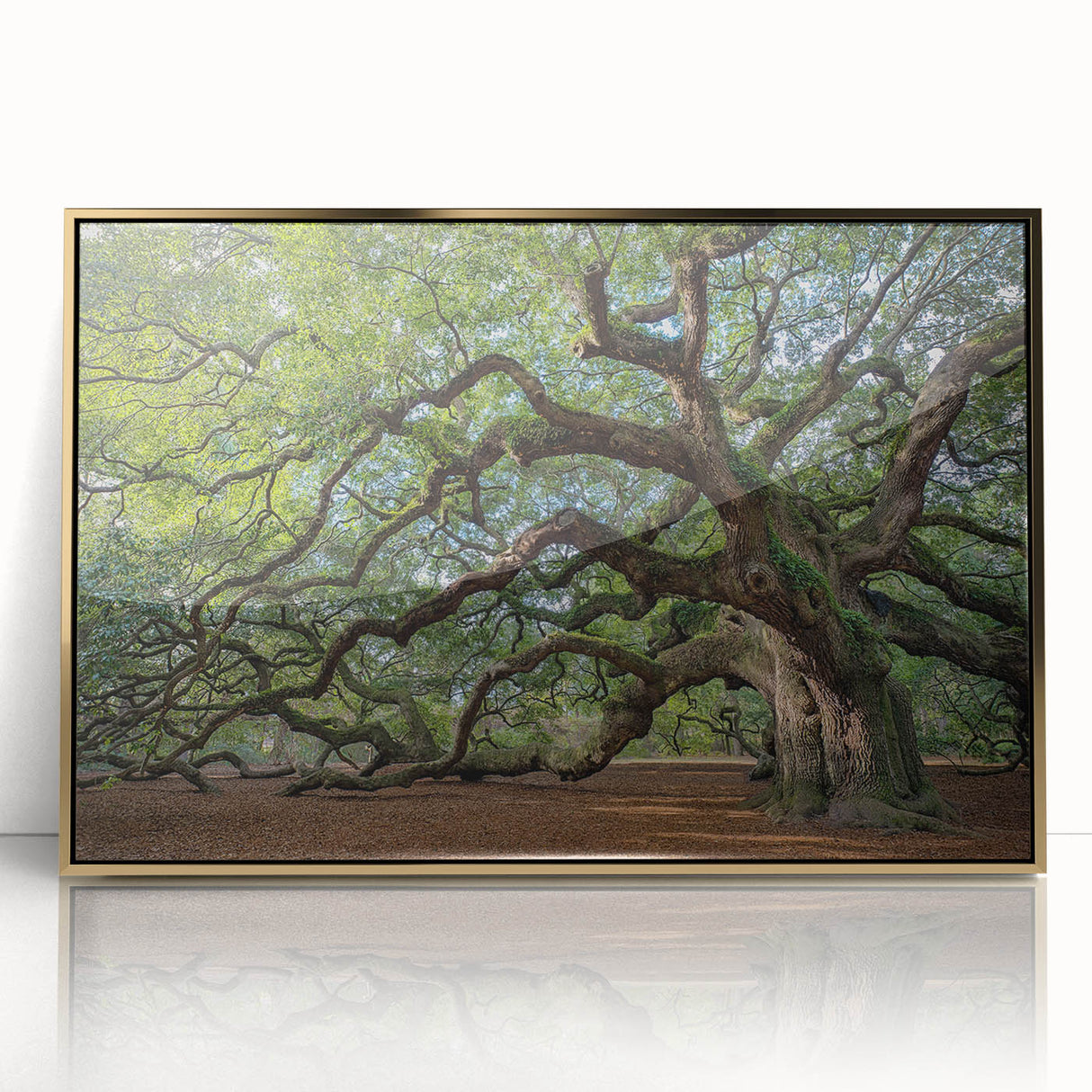 Mid-century modernist art of Charleston, South Carolina skyline in muted gold tones on a framed acrylic.