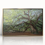 Mid-century modernist art of Charleston, South Carolina skyline in muted gold tones on a framed acrylic.