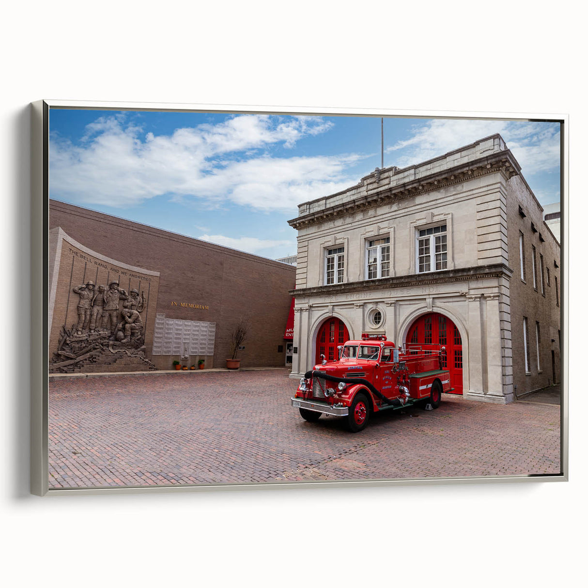 Framed canvas of a vintage-style Memphis landscape painting with colorful art on a black background.