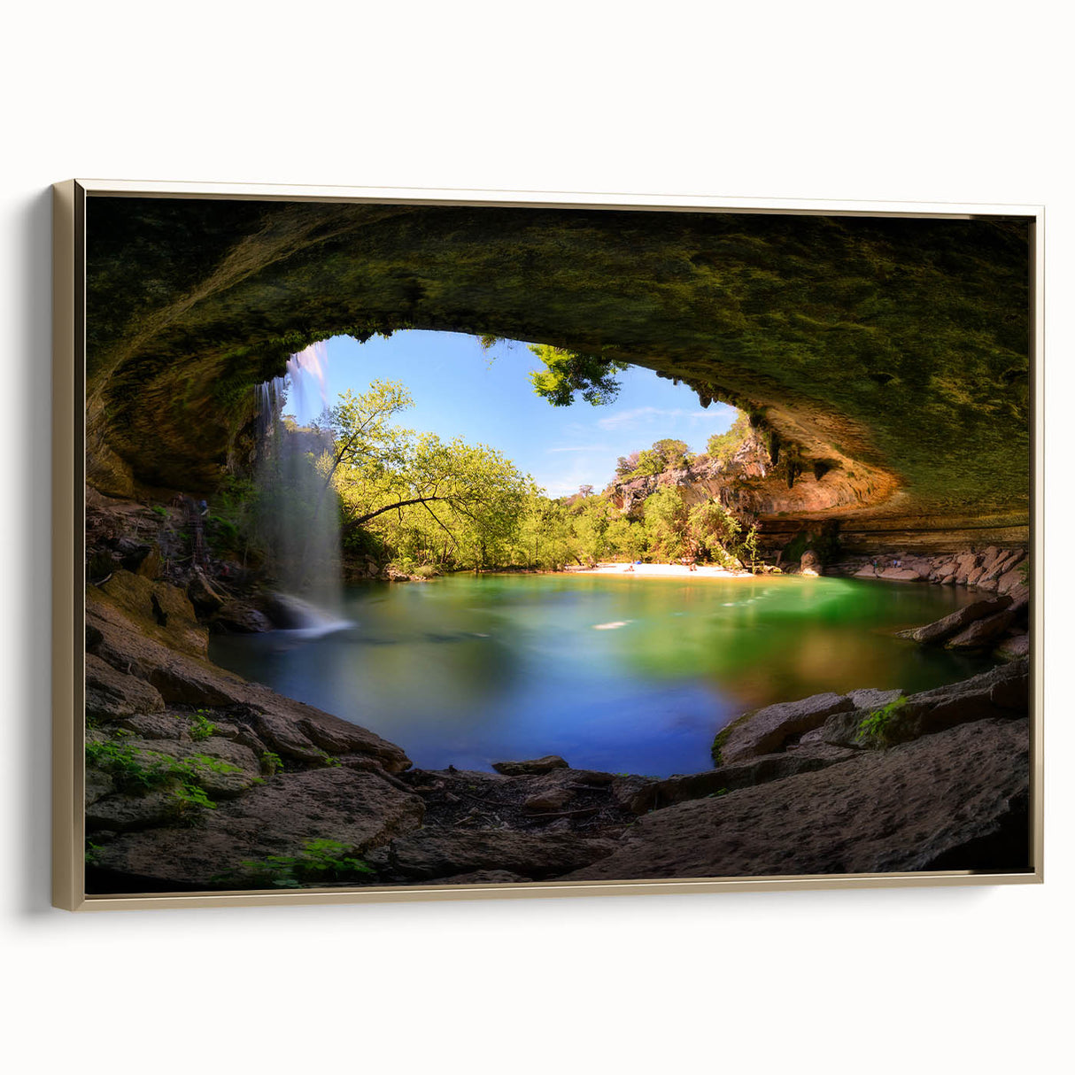 Framed canvas featuring a vintage-style landscape painting of the Austin skyline in muted gold and black tones.