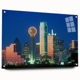 Acrylic print of Dallas skyline with vivid blue and orange hues, ideal for modern dining room decor.