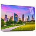 Acrylic glass print of Houston skyline in muted gray and blue tones, suitable for dining room decor.