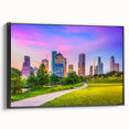 Black and white wall art featuring a vintage poster style landscape of Houston on a framed canvas, ideal for bedroom decor.