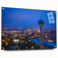 Acrylic print of San Antonio skyline with soft blue and gray tones, ideal for bedroom or dining room decor.