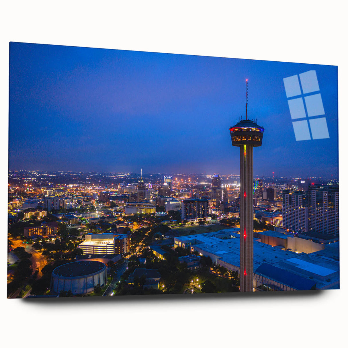 Large abstract wall art of San Antonio skyline in muted blue and gray tones on acrylic glass.