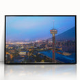 Large abstract wall art depicting the San Antonio skyline in muted earth tones on a framed acrylic panel.